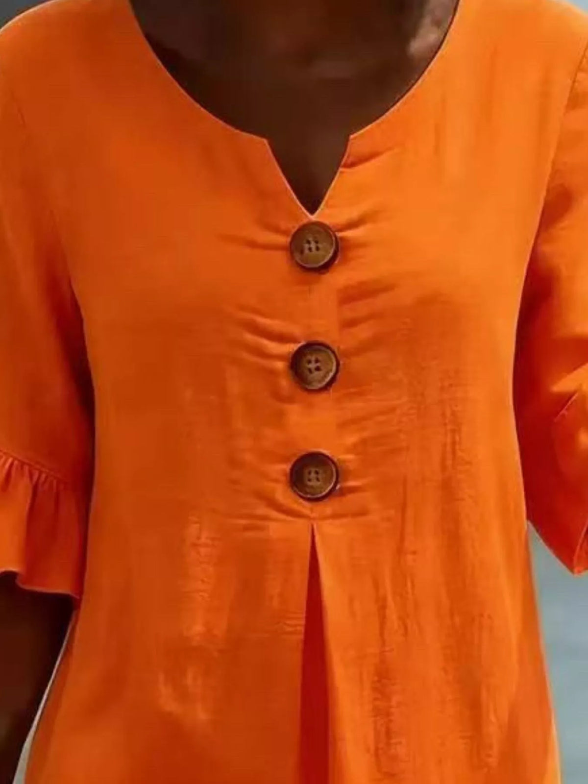 Full Size Decorative Button Ruffle Half Sleeve Dress Plus Size - Lilixa.store