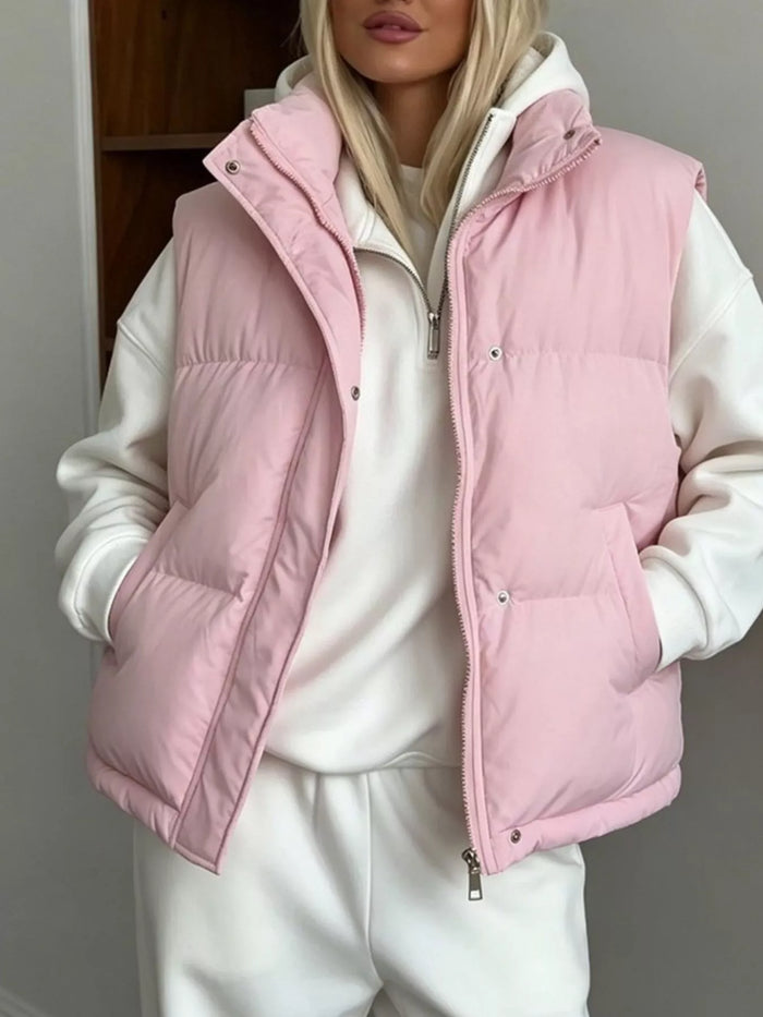 Snap-Button Placket Quilted Puffer Vest Coat in Dusty Pink