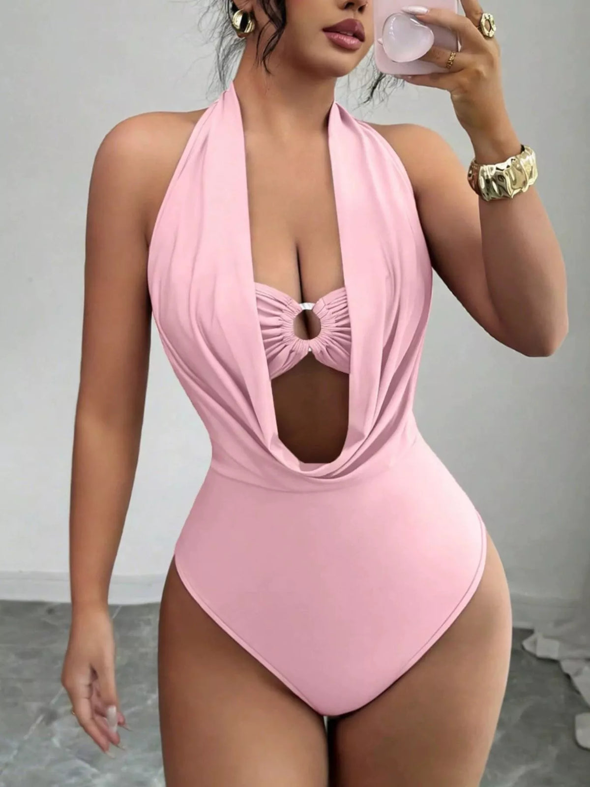 Halter Neck Ruched Ring Detail Bodysuit - Lilixa.store