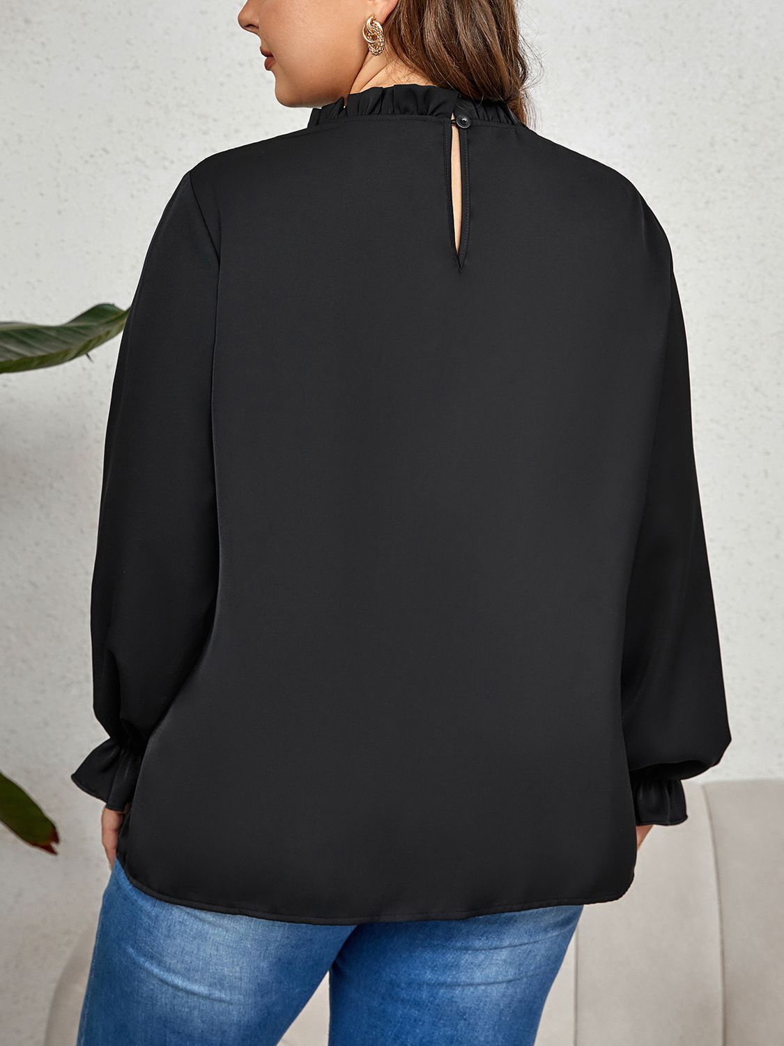Honey Plus Size Round Neck Flounce Sleeve Blouse in Black, view 2