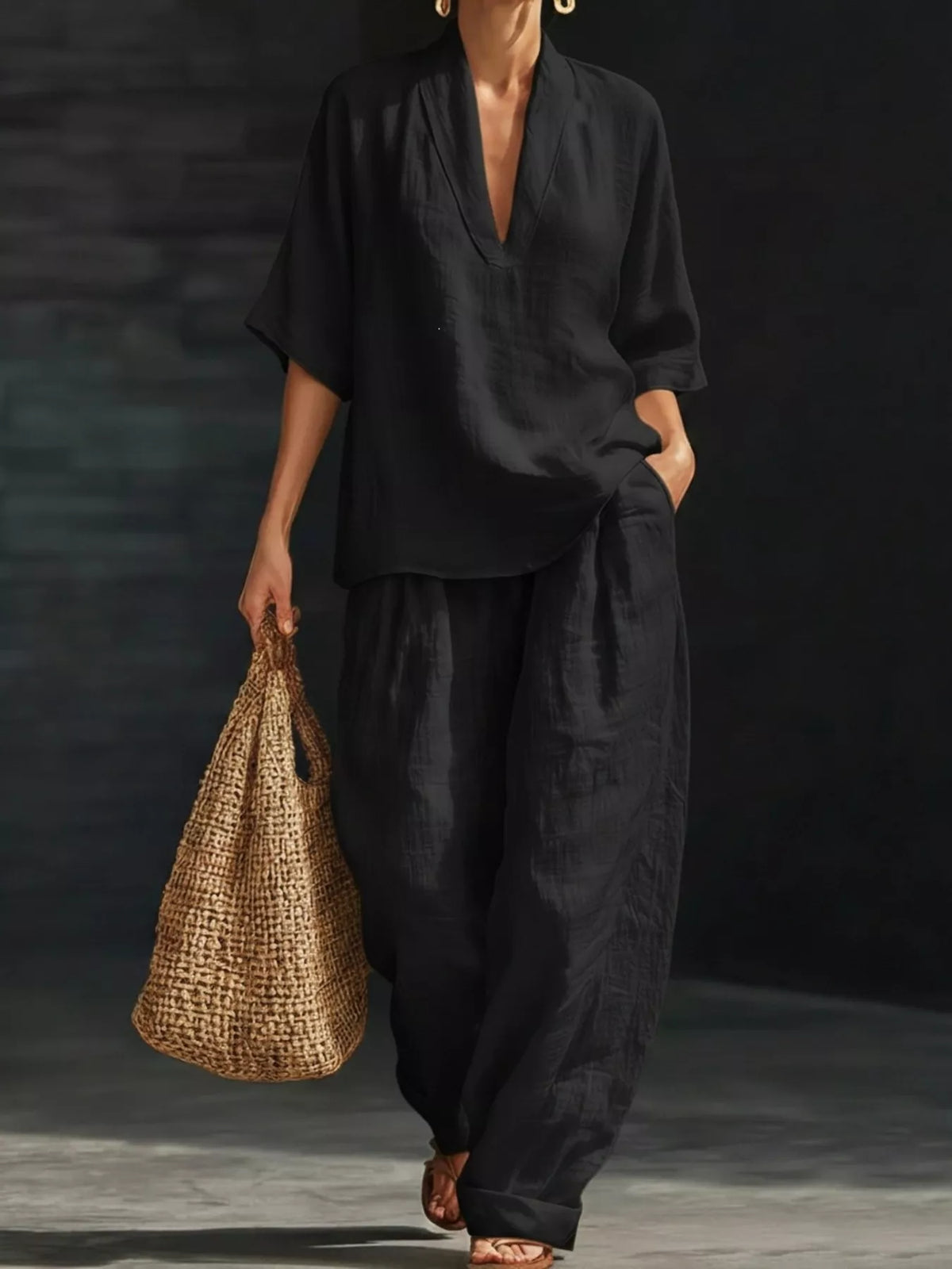 Full Size Half Sleeve Top and Wide Leg Pants Set Plus Size