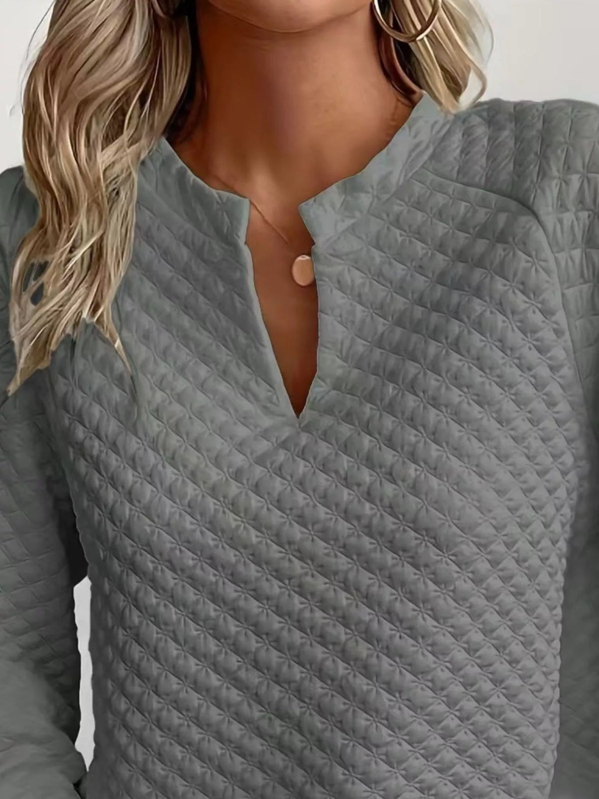 Quilted Texture Long Sleeve Sweatshirt with Notched Neck - Lilixa.store
