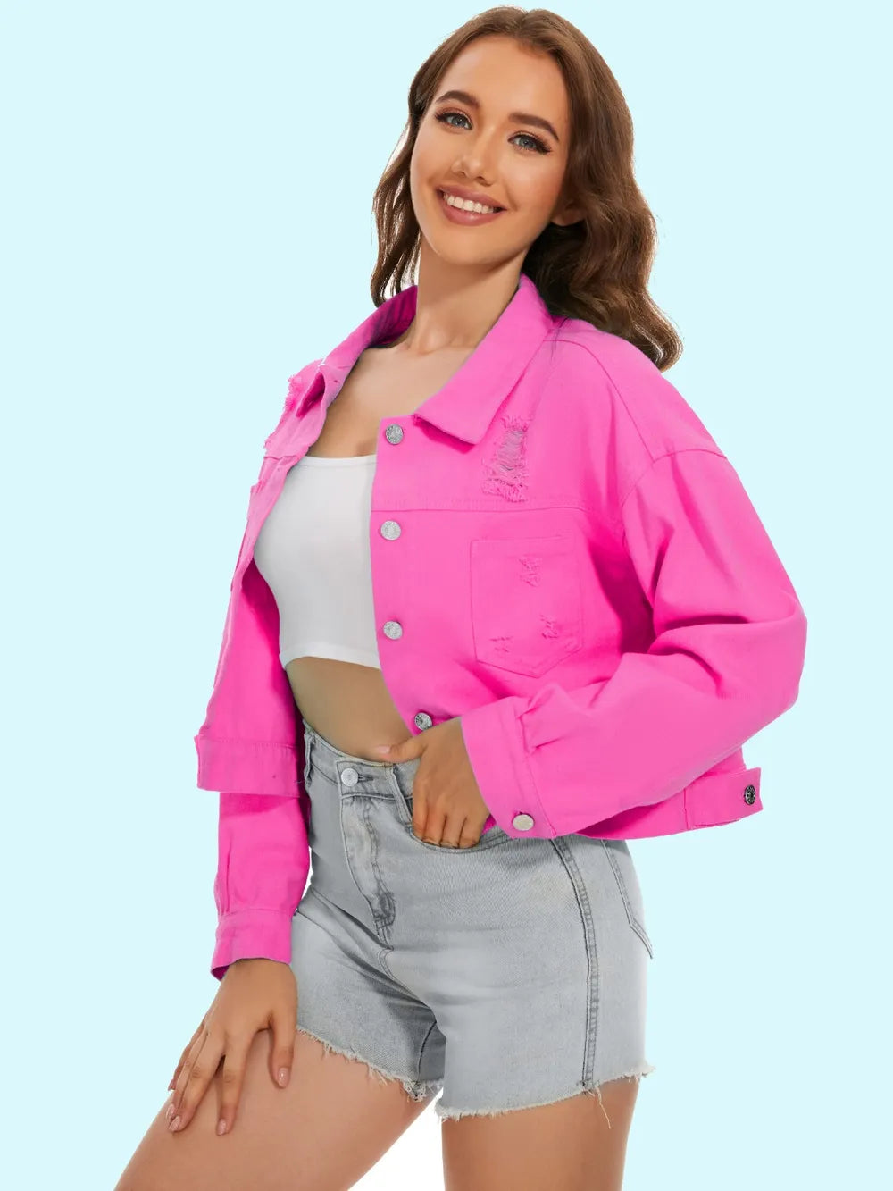 Distressed Distressed Button Up Denim Jacket, view 7