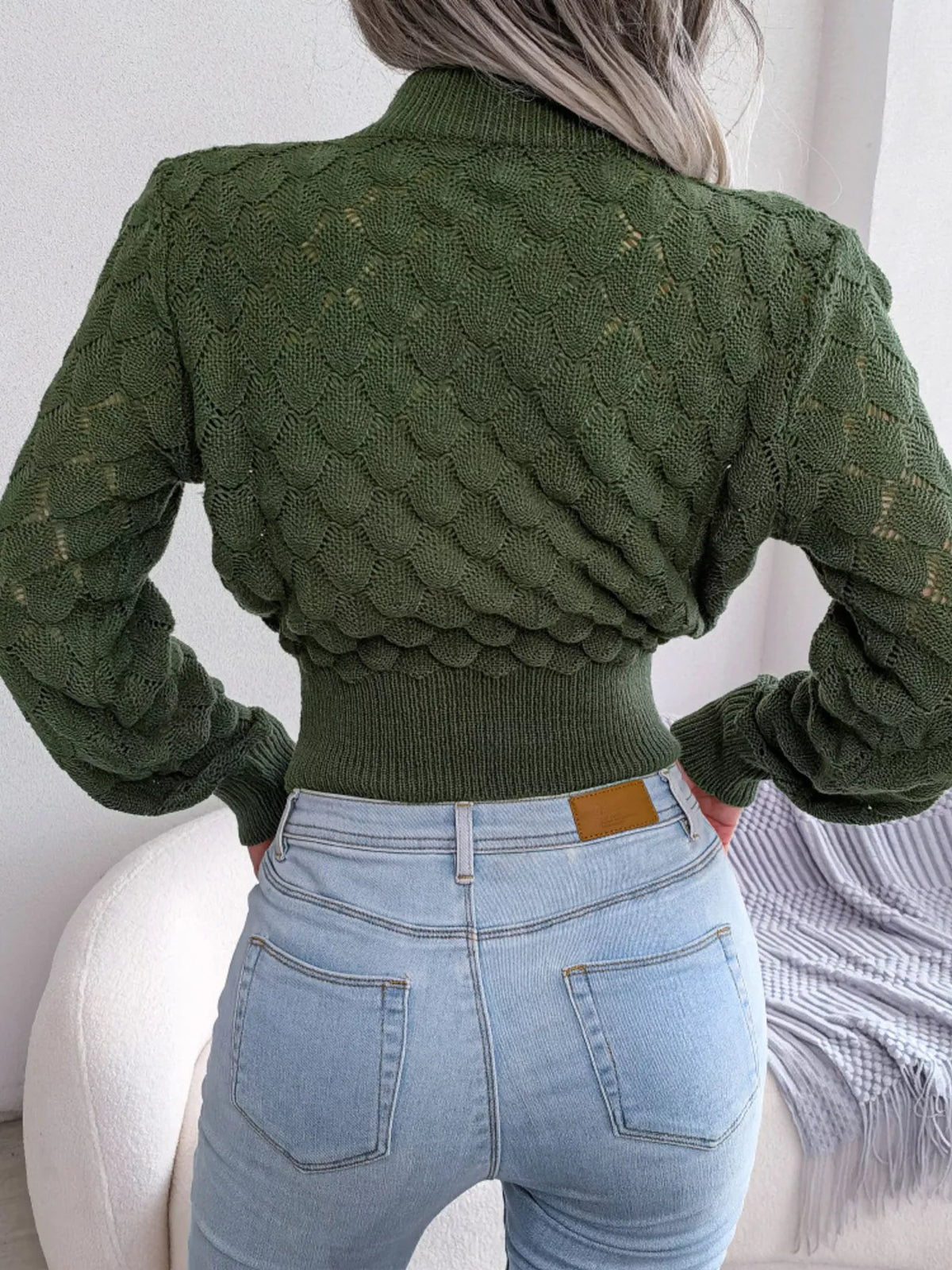 Mock Neck Textured Cropped Sweater