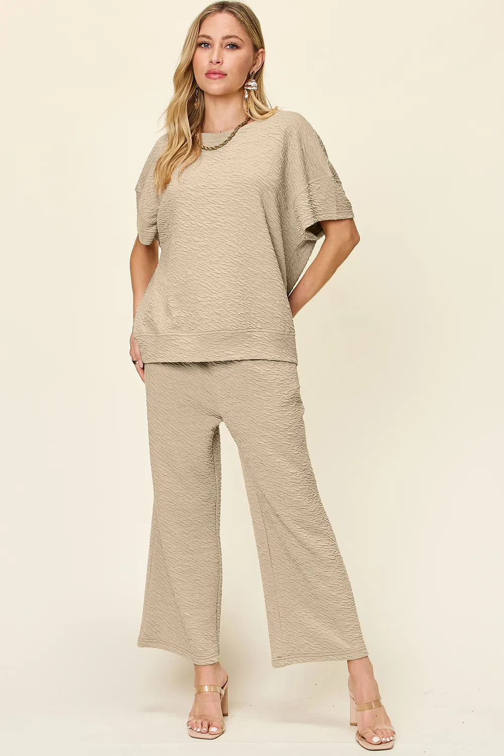 Double Take Full Size Texture Short Sleeve Top and Pants Set in Khaki