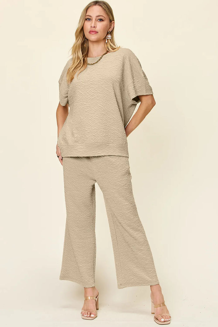 Double Take Full Size Texture Short Sleeve Top and Pants Set in Khaki