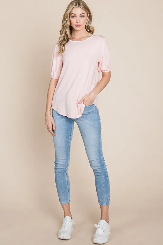 BOMBOM Round Neck Puff Sleeve T-Shirt - Lilixa.store