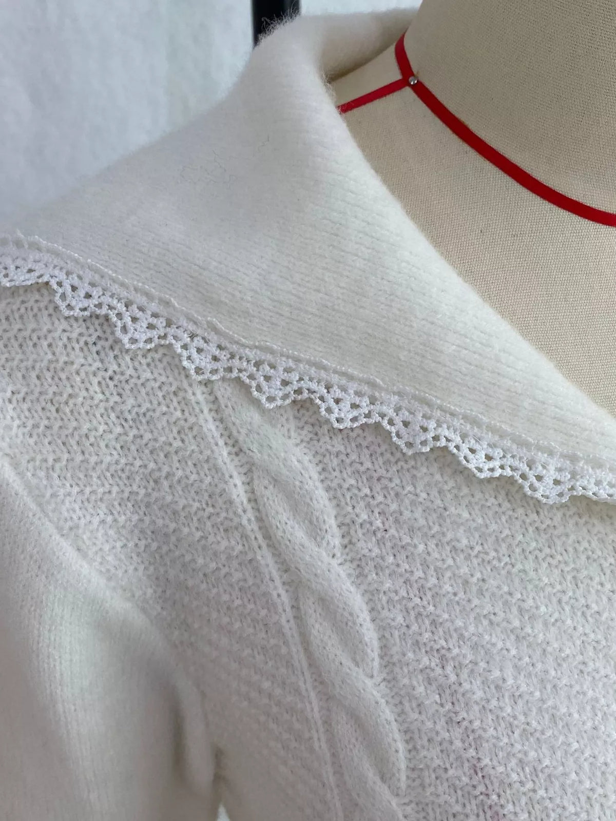 Cable-Knit Cardigan with Lace Trim, view 13