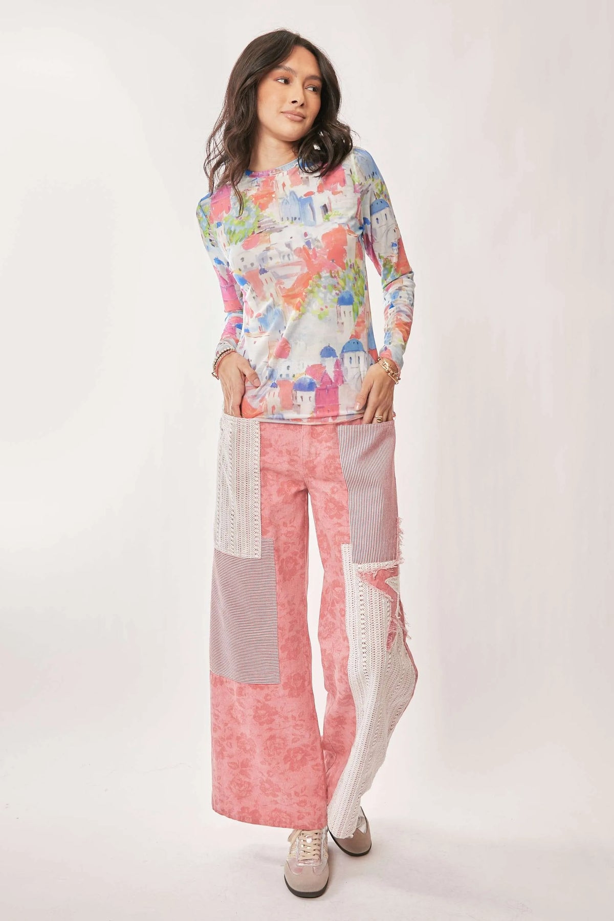 Davi & Dani Multi Printed Mesh Round Neck Long Sleeve Top - Lilixa.store