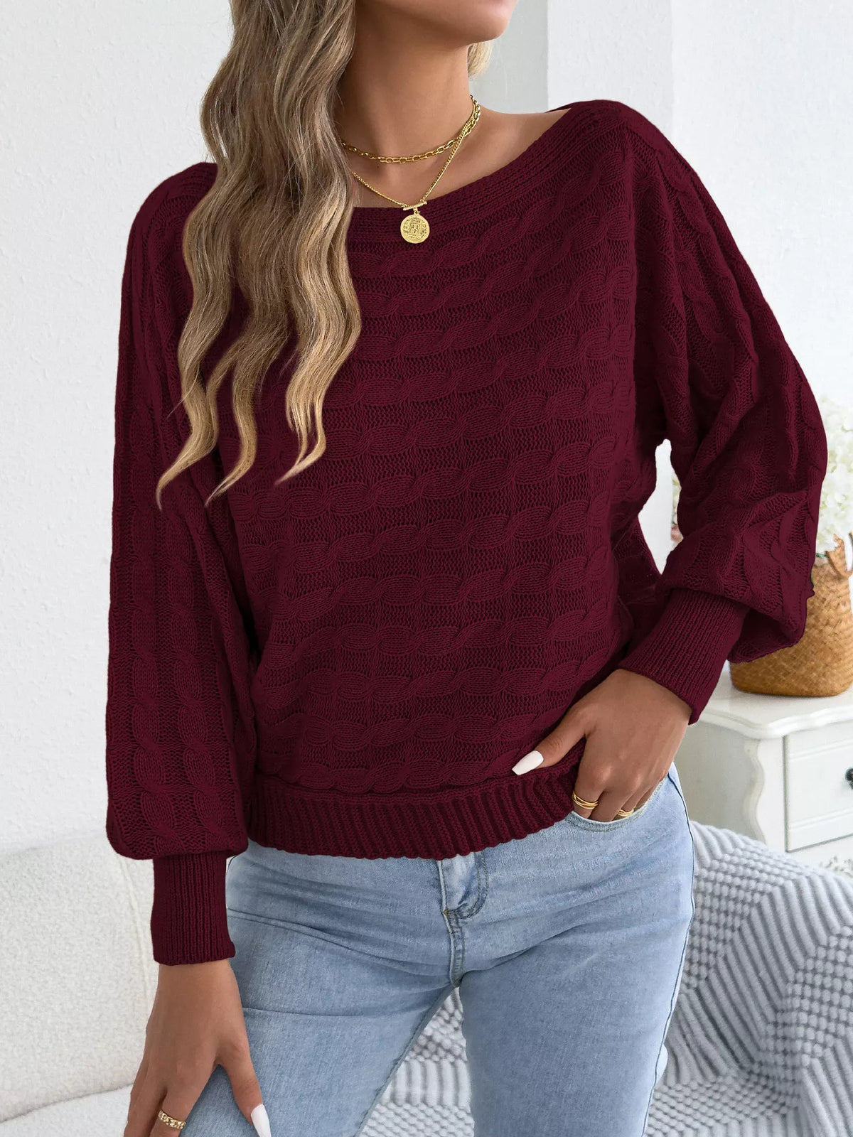 Cable Knit Boat Neck Sweater