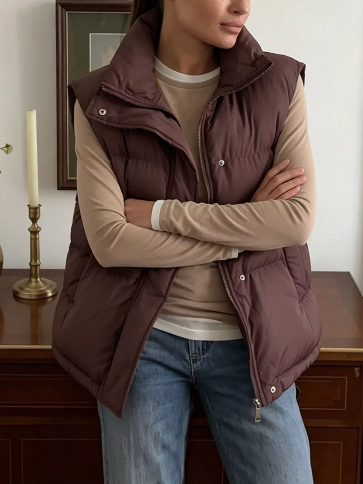 Snap-Button Placket Quilted Puffer Vest Coat, view 7