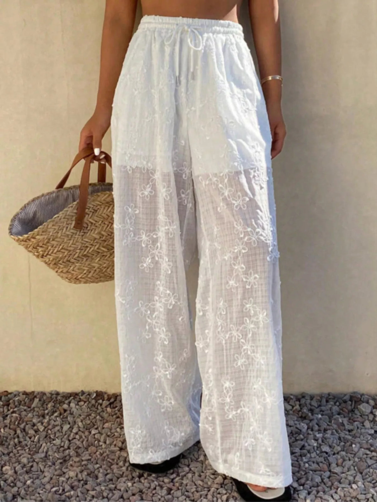 High-Waisted Sheer Floral Embroidered Wide-Leg Pants in White, view 3