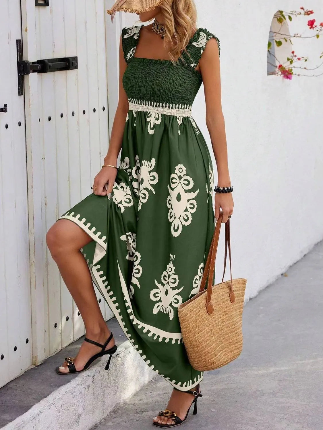 Smocked Printed Wide Strap Maxi Dress, view 15