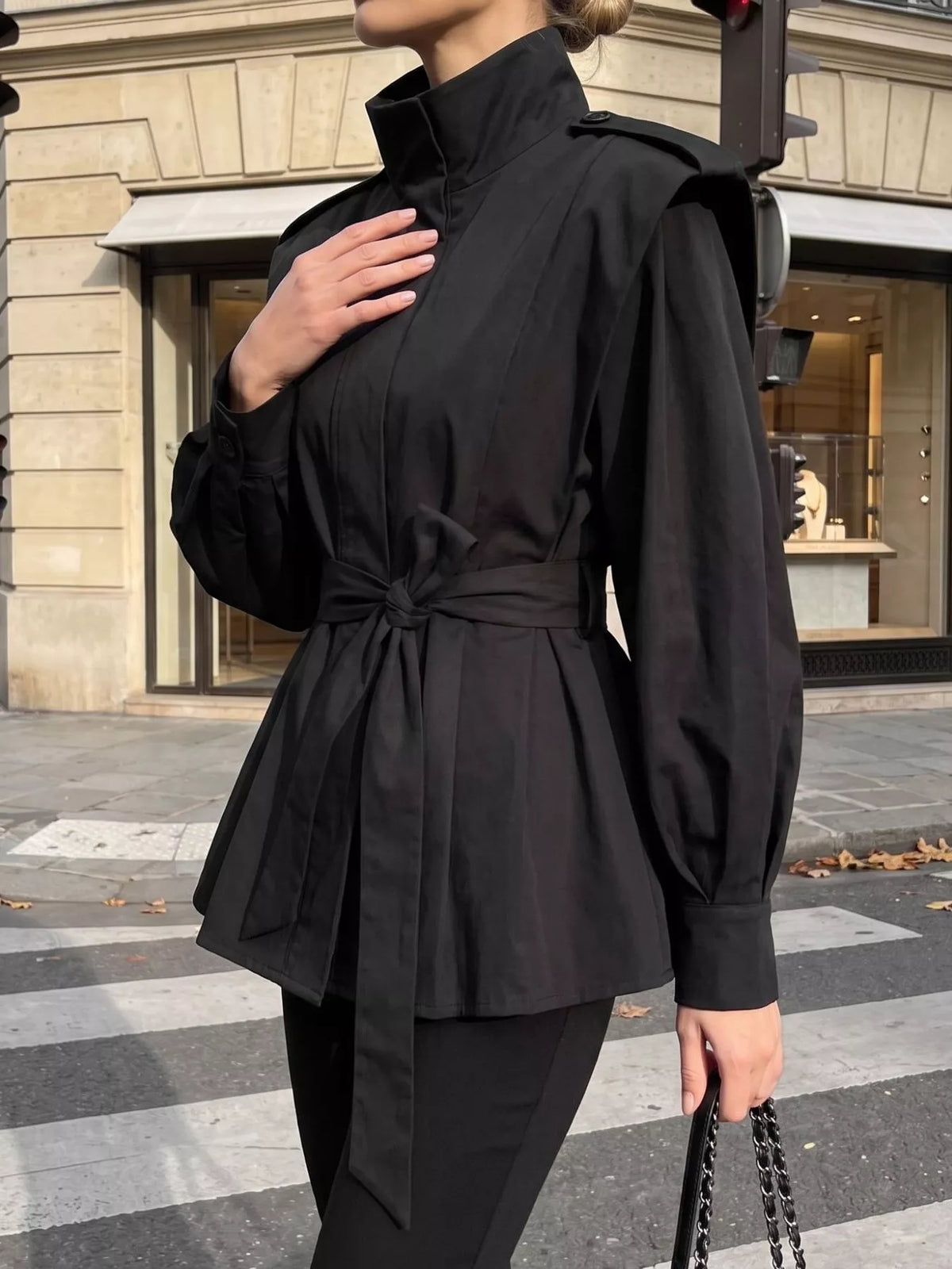Stand-Collar Belted Outerwear - Lilixa.store