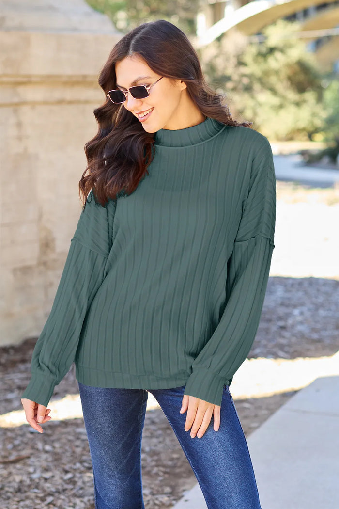 Basic Bae Full Size Ribbed Exposed Seam Mock Neck Knit Top - Lilixa.store