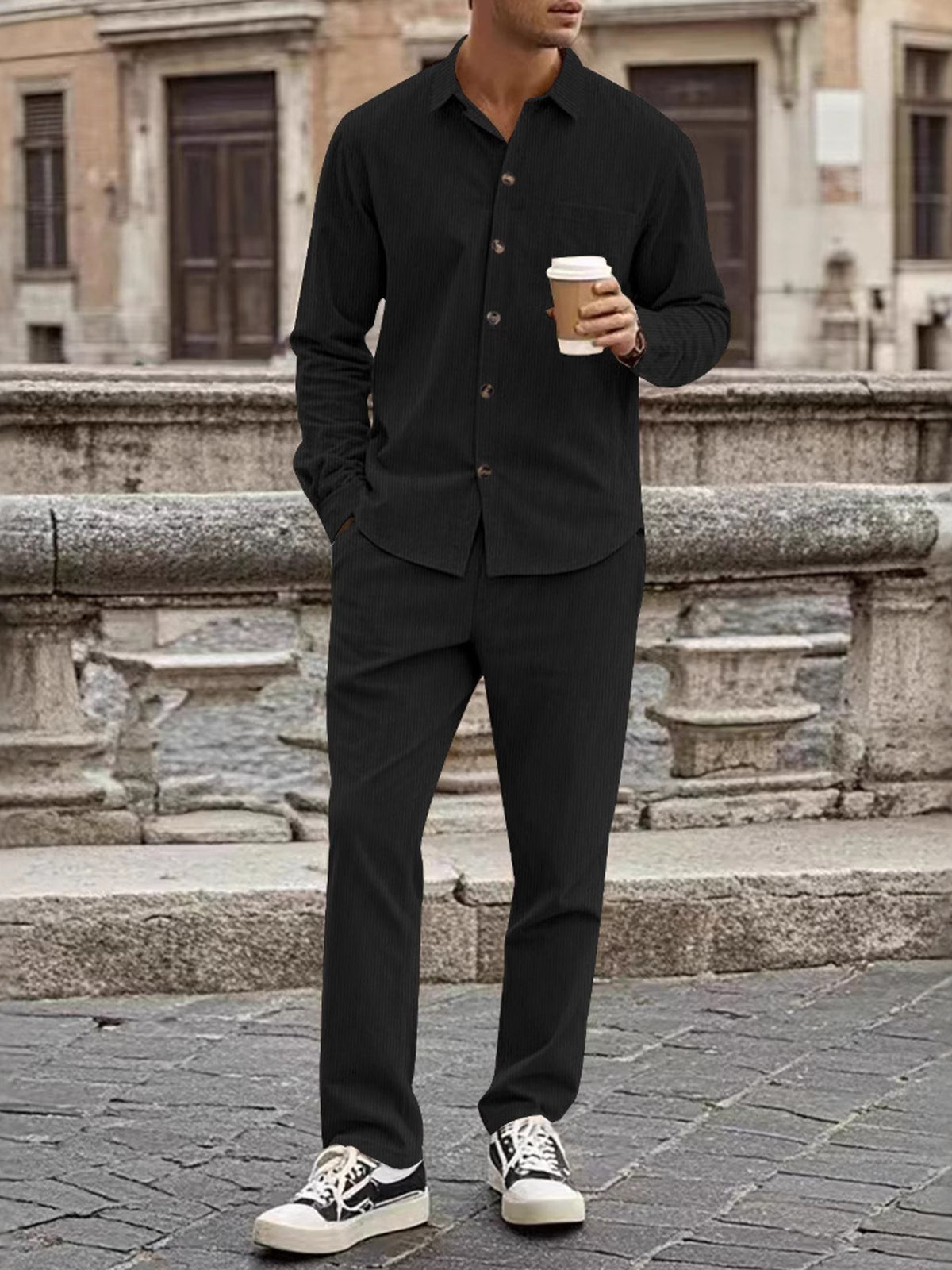 Men's Full Size Button Up Long Sleeve Shirt and Pants Set Plus Size - Lilixa.store