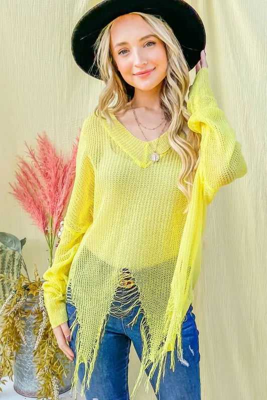 And The Why Distressed Mesh V Neck Spring Sweater Cover Up - Lilixa.store