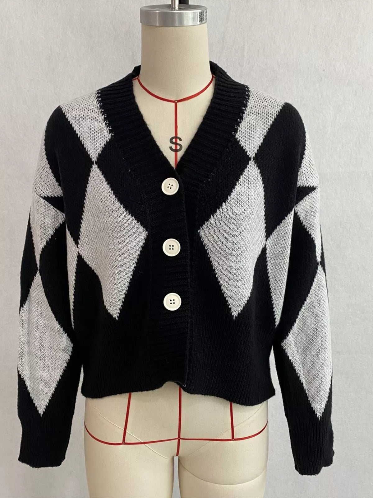 Argyle Pattern V-Neck Button-Down Cardigan, view 4