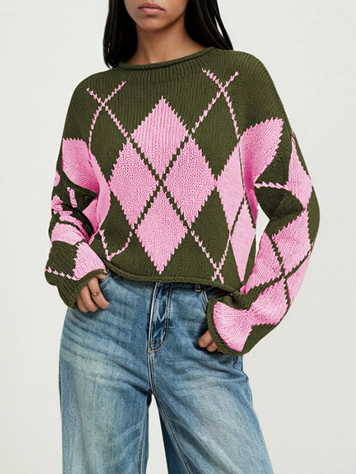 Argyle Pattern Knit Dropped Shoulder Sweater - Lilixa.store