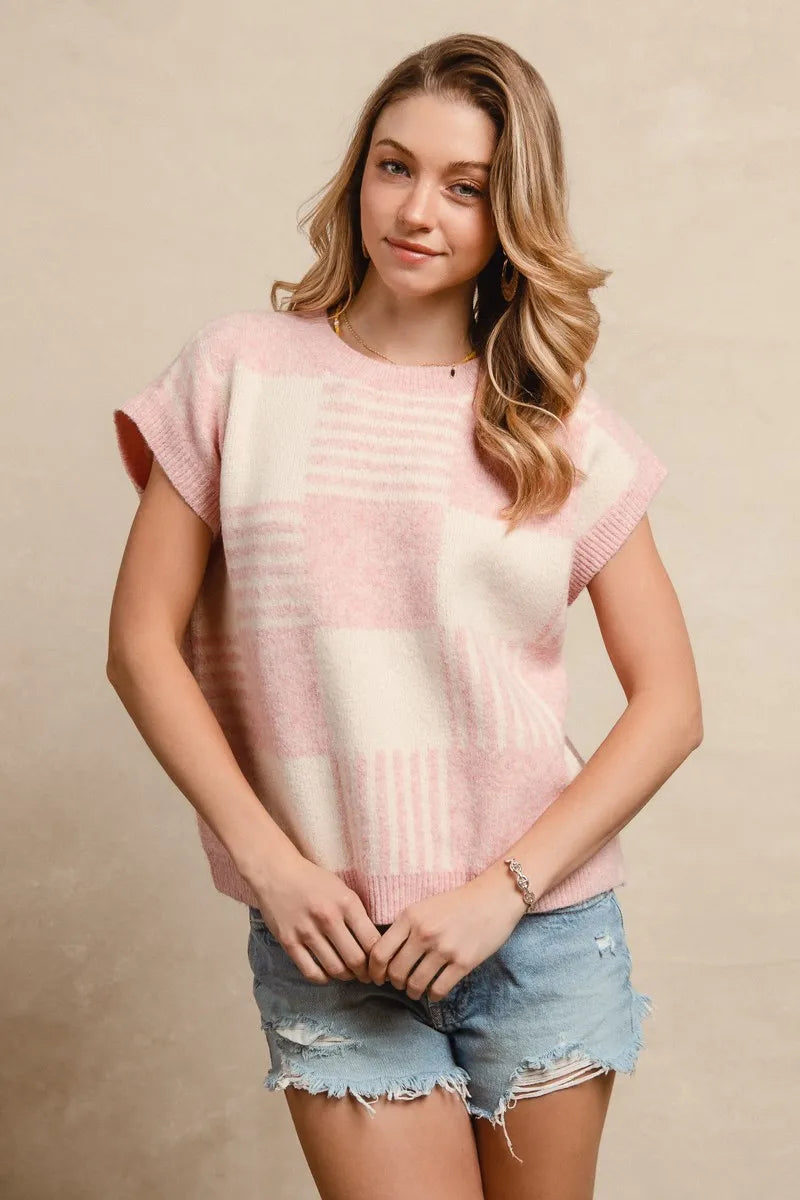 BiBi Checker With Stripes Pattern Sleeveless Sweater in Blush/Ivory, view 10