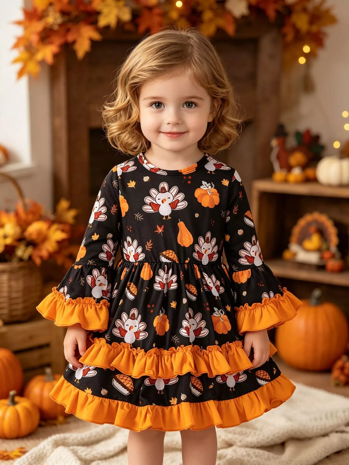 Children's Thanksgiving Turkey Print Ruffle Hem Long Sleeve Dress in Black