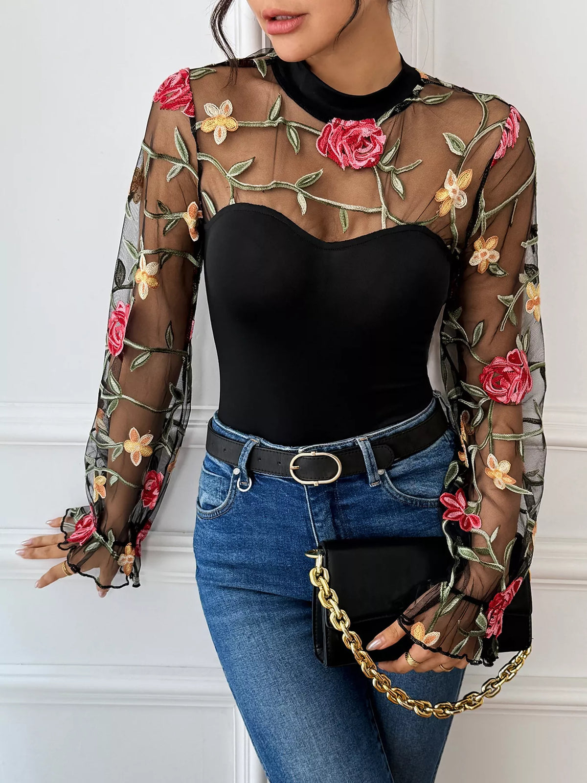 Floral Embroidered Mesh Long Sleeve Bodysuit - Lilixa.store