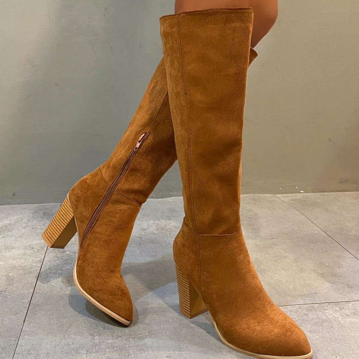 Point Toe Knee-High Suede Block Heel Boots - Lilixa.store