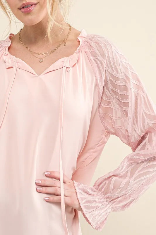 And The Why Leaves Shape Textured Sleeve Blouse in Pink, view 6