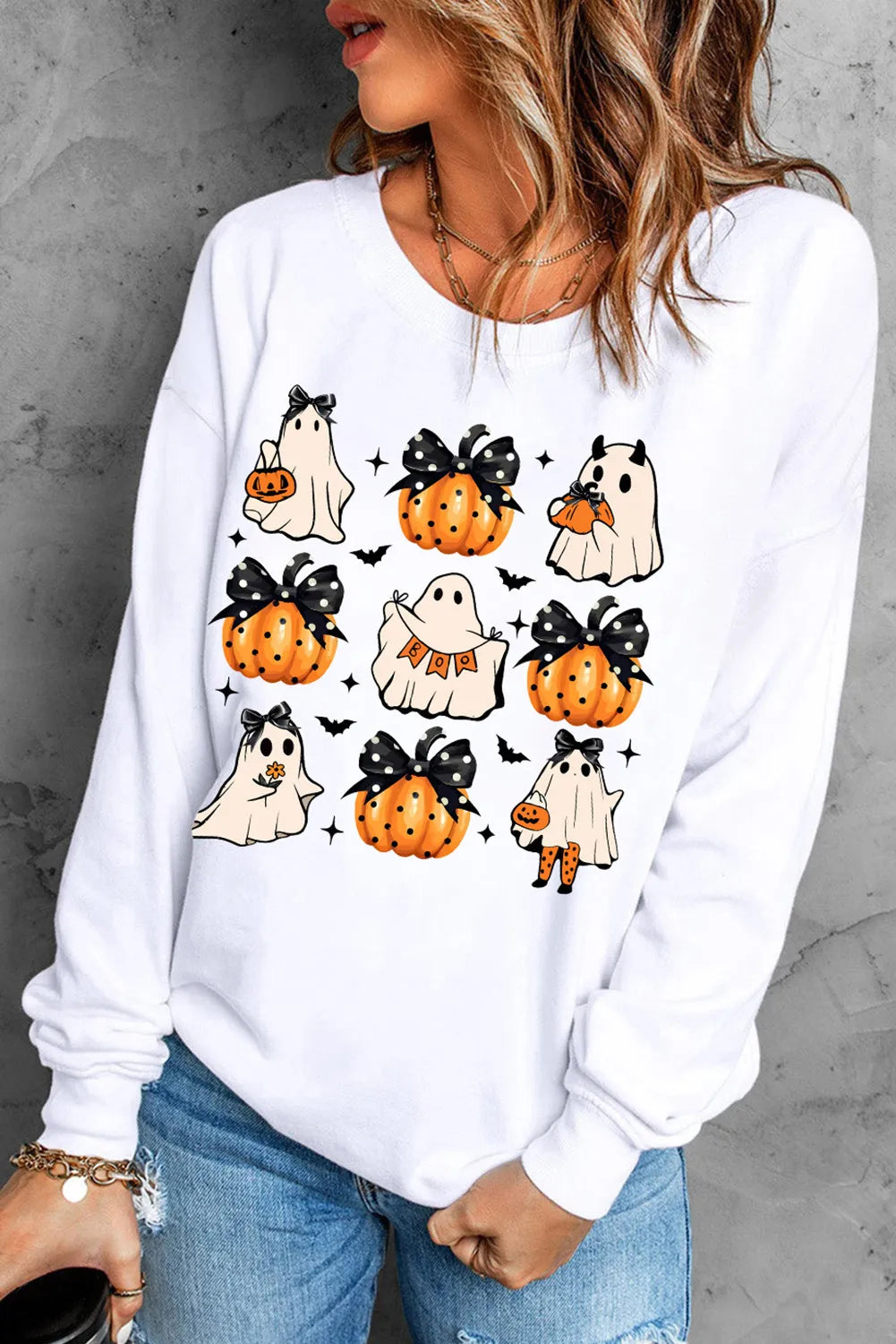Pumpkin & Ghost Round Neck Long Sleeve Sweatshirt - Lilixa.store