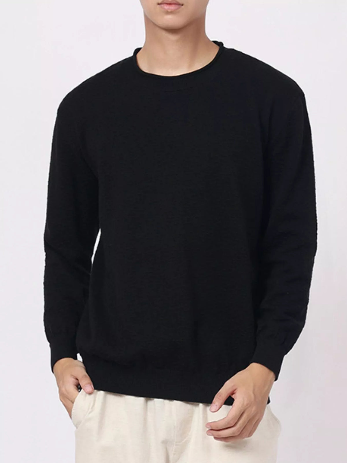 Men's Plus Size Textured Crew Neck Sweater in Black