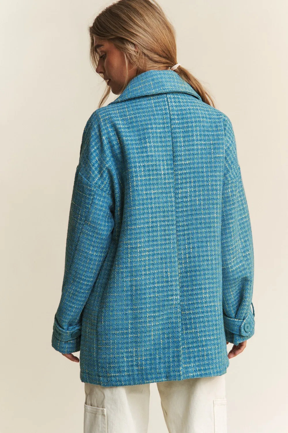 J.NNA Tweed Double-Breasted Long Sleeve Coat in Emerald Sea, view 2