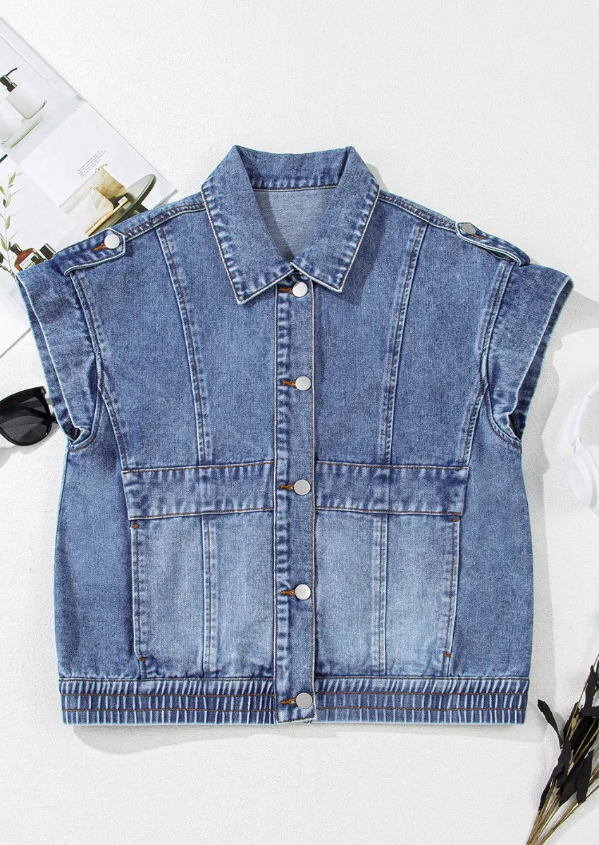 Button Up Cap Sleeve Denim Jacket, view 8