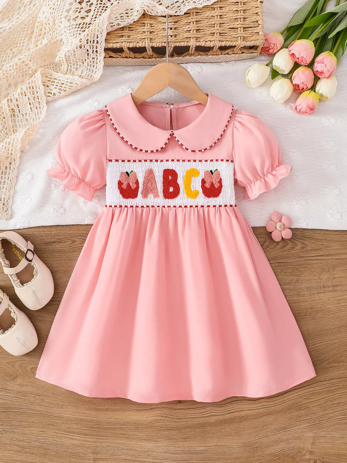 Children's Smocked ABC Apple Embroidered Peter Pan Collar Dress - Lilixa.store