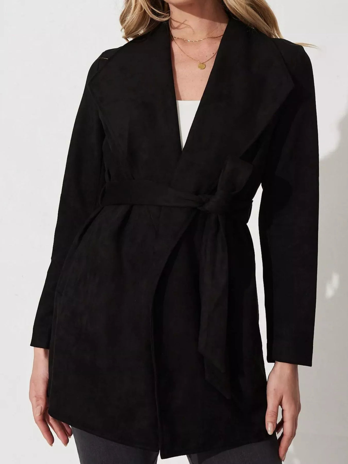 Suede Tie Waist Long Sleeve Outerwear in Black