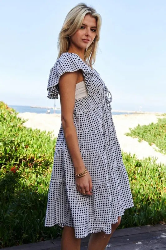 Davi & Dani Jacquard V-Neck Flutter Cap Sleeve Tiered Dress - Lilixa.store