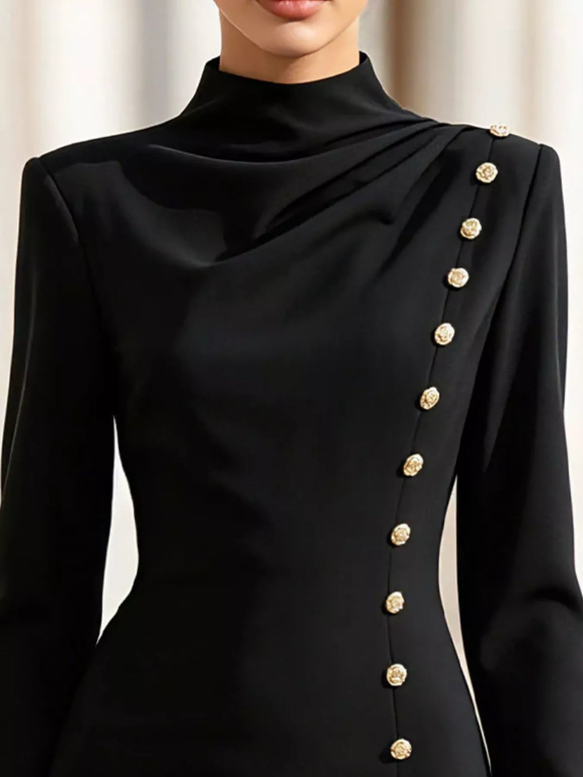 Mock Neck Long-Sleeve Bodycon Dress with Gold-Tone Button Detailing, view 4