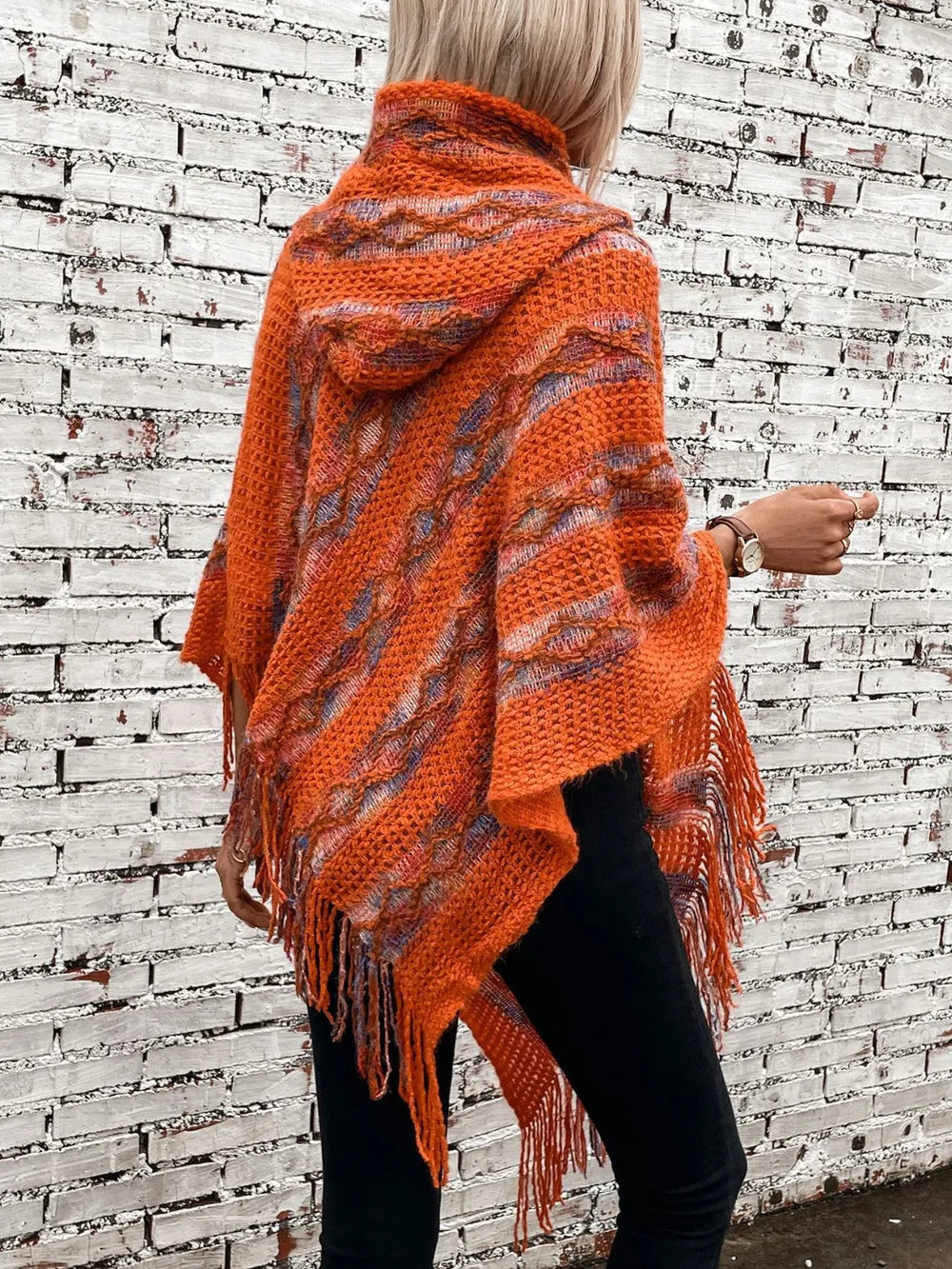 Fringe Contrast Hooded Poncho, view 5
