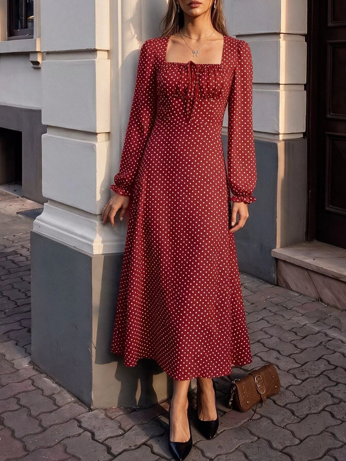 Square Neck Polka Dot Long Sleeve Maxi Dress - Lilixa.store