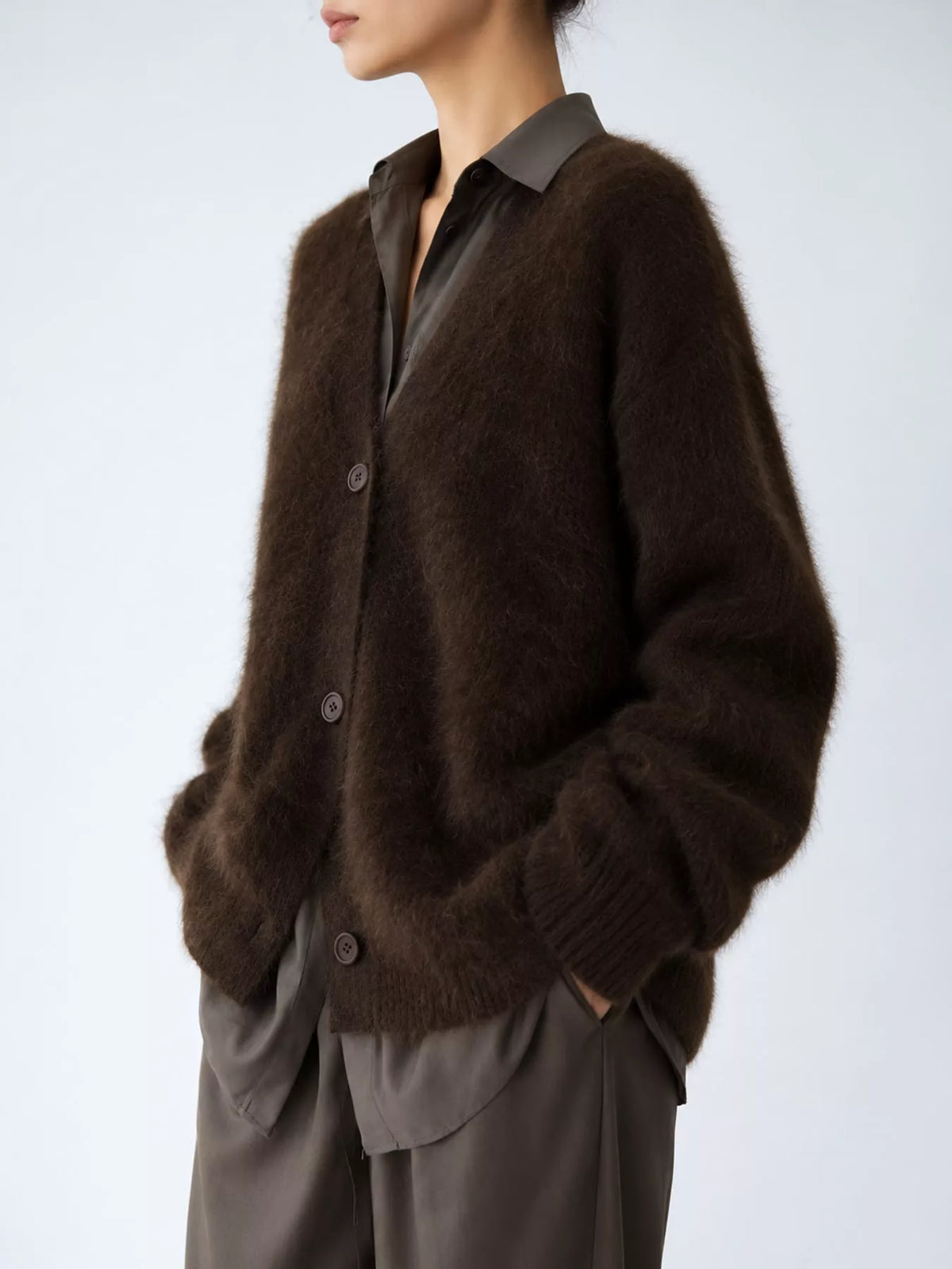 Fuzzy V-Neck Button-Down Cardigan, view 15