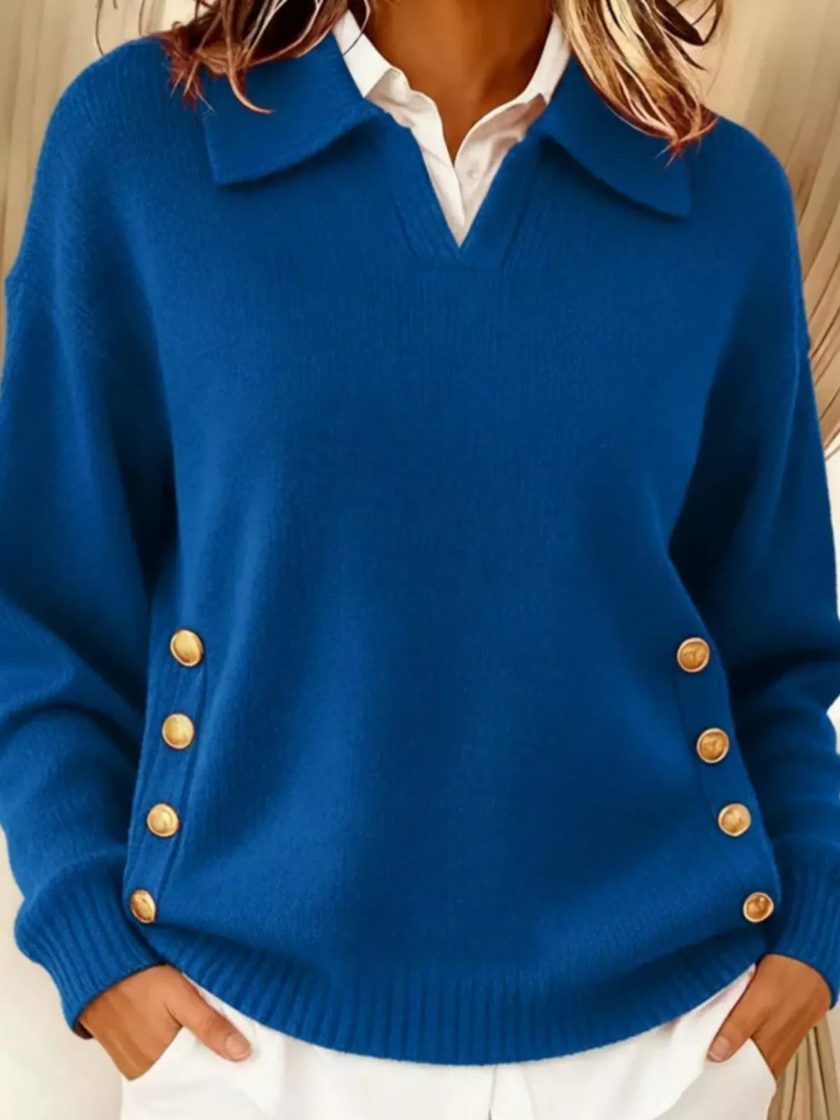 Full Size Decorative Button Dropped Shoulder Sweater Plus Size