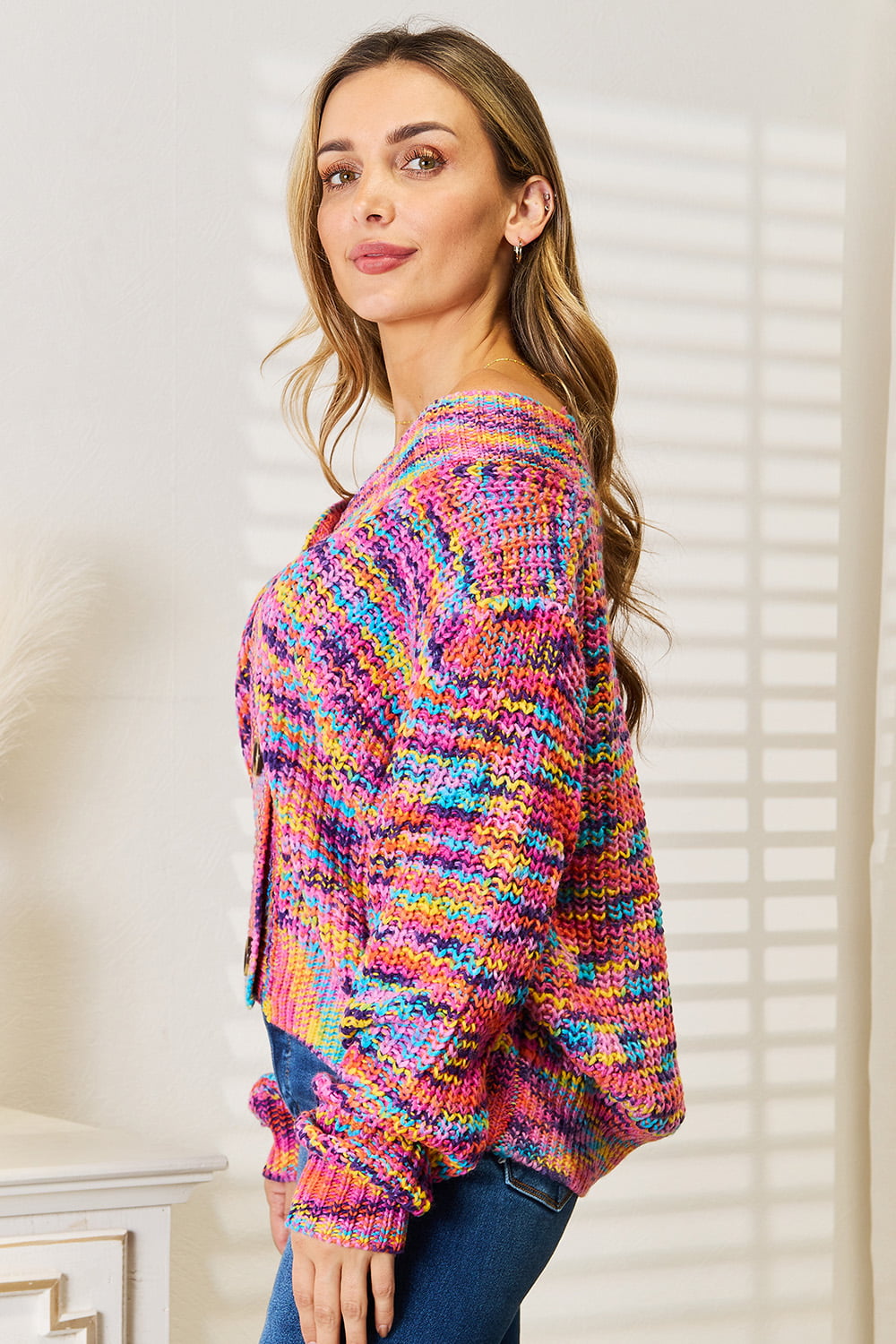 Angel Wings Woven Right V-Neck Long Sleeve Cardigan - Lilixa.store