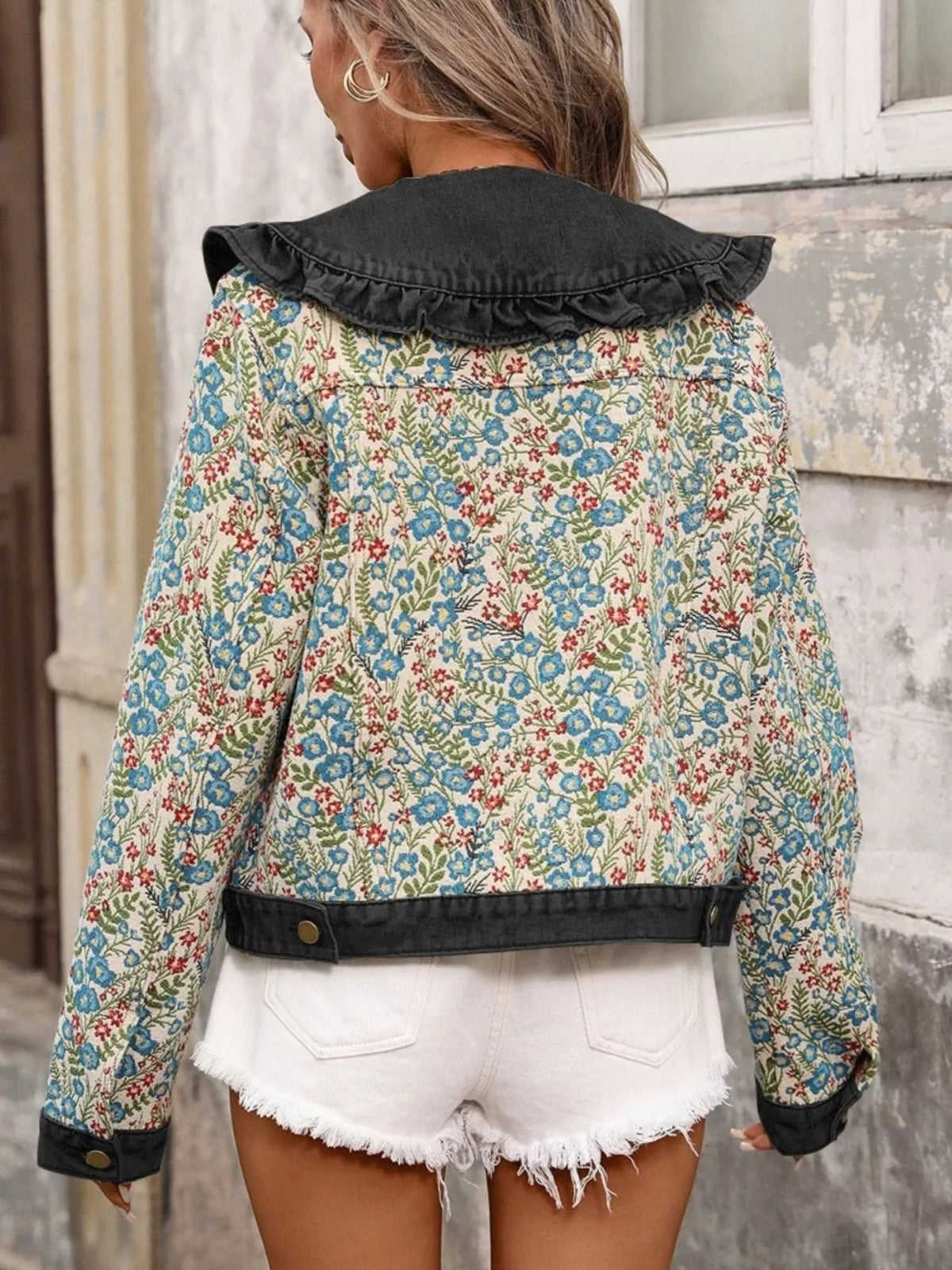 Floral Ruffle Collar Denim Jacket - Lilixa.store