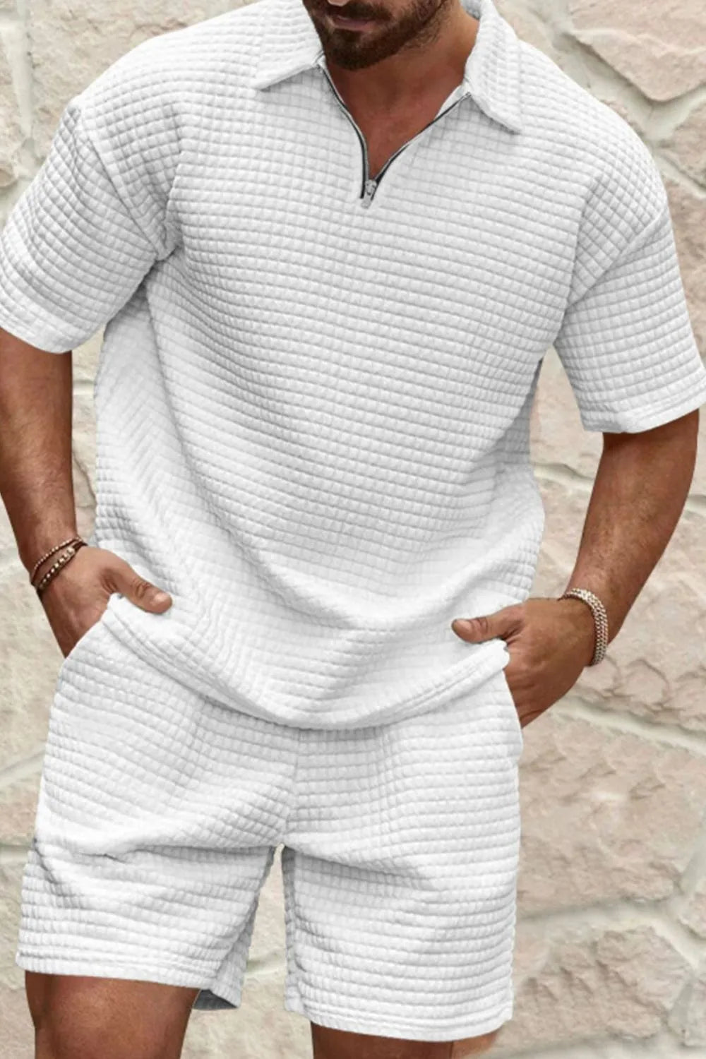 Men's Full Size Zip Collar Short Sleeve Top and Shorts Set Plus Size in White