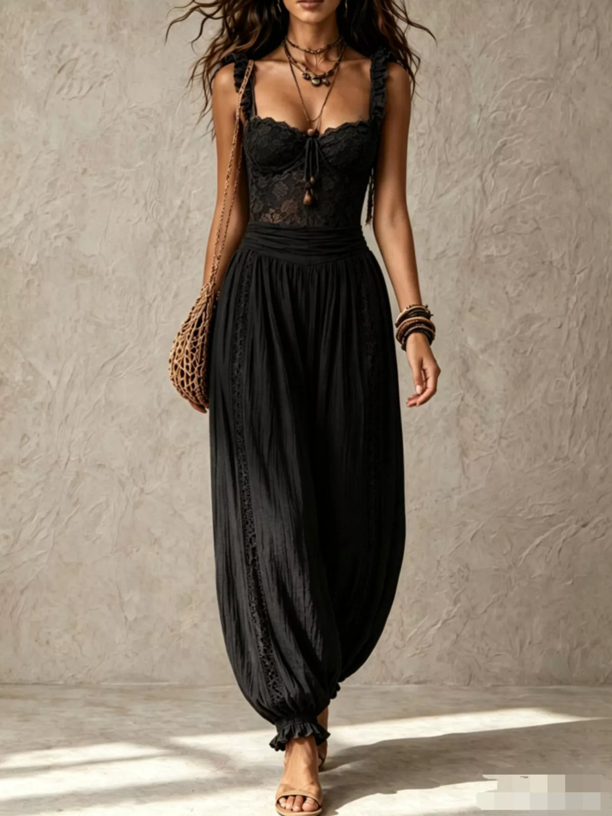 Boho Lace Corset Bodice Jumpsuit with Harem Pants in Black