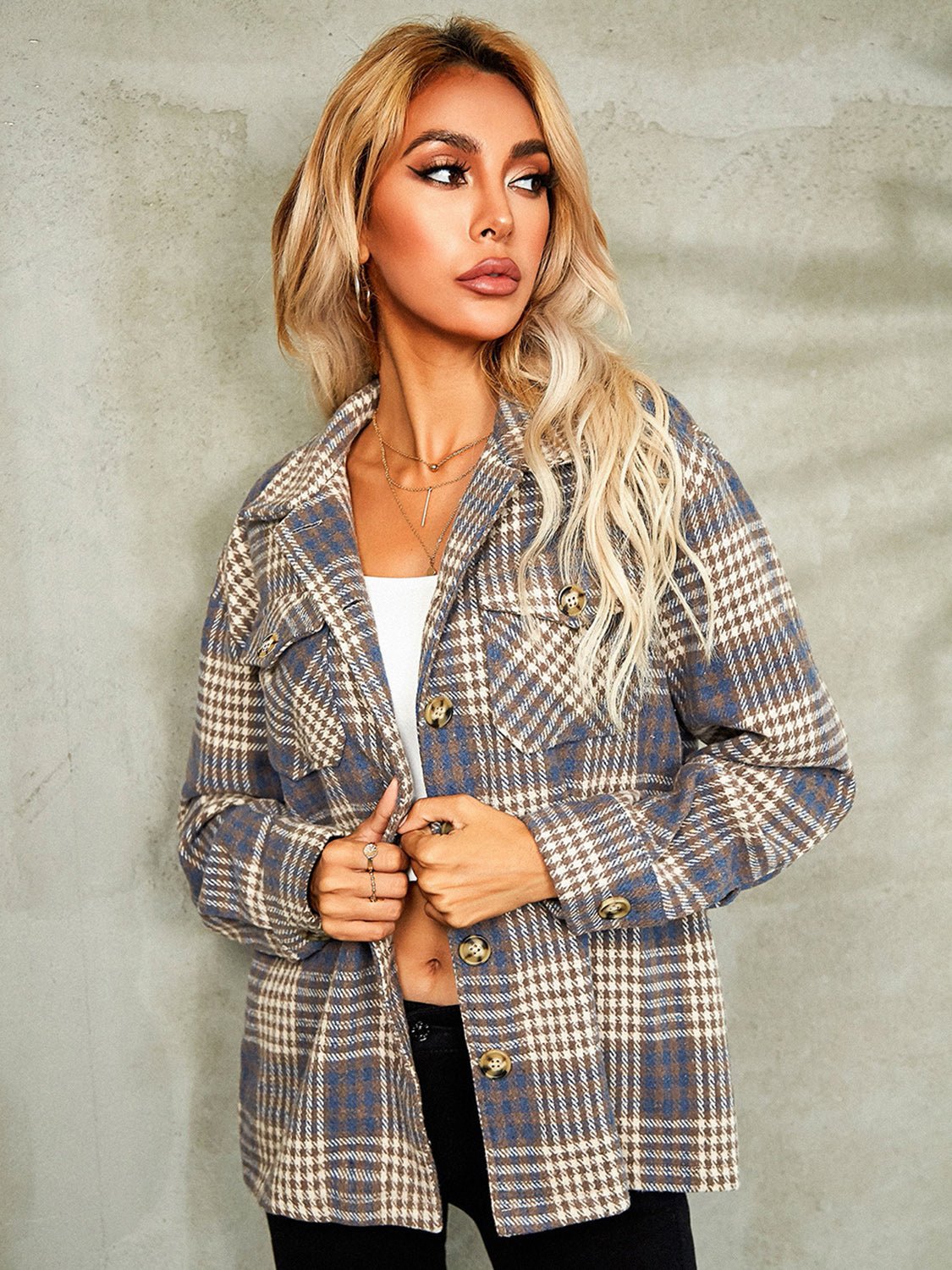 Plaid Button Down Collared Jacket in Light Blue