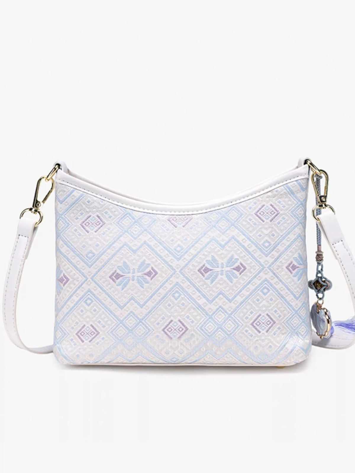 Geometric Pattern Jacquard Crossbody Bag with Tassel Charm in White, view 5
