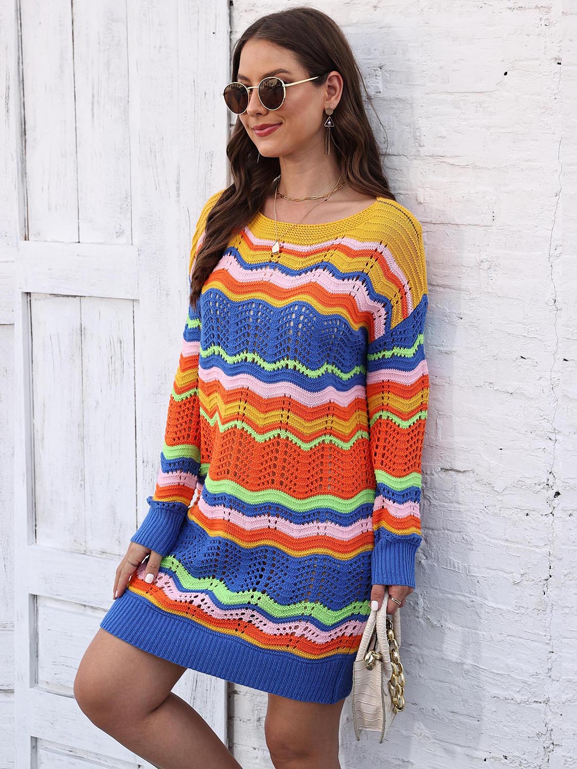 Openwork Round Neck Sweater Dress, view 3