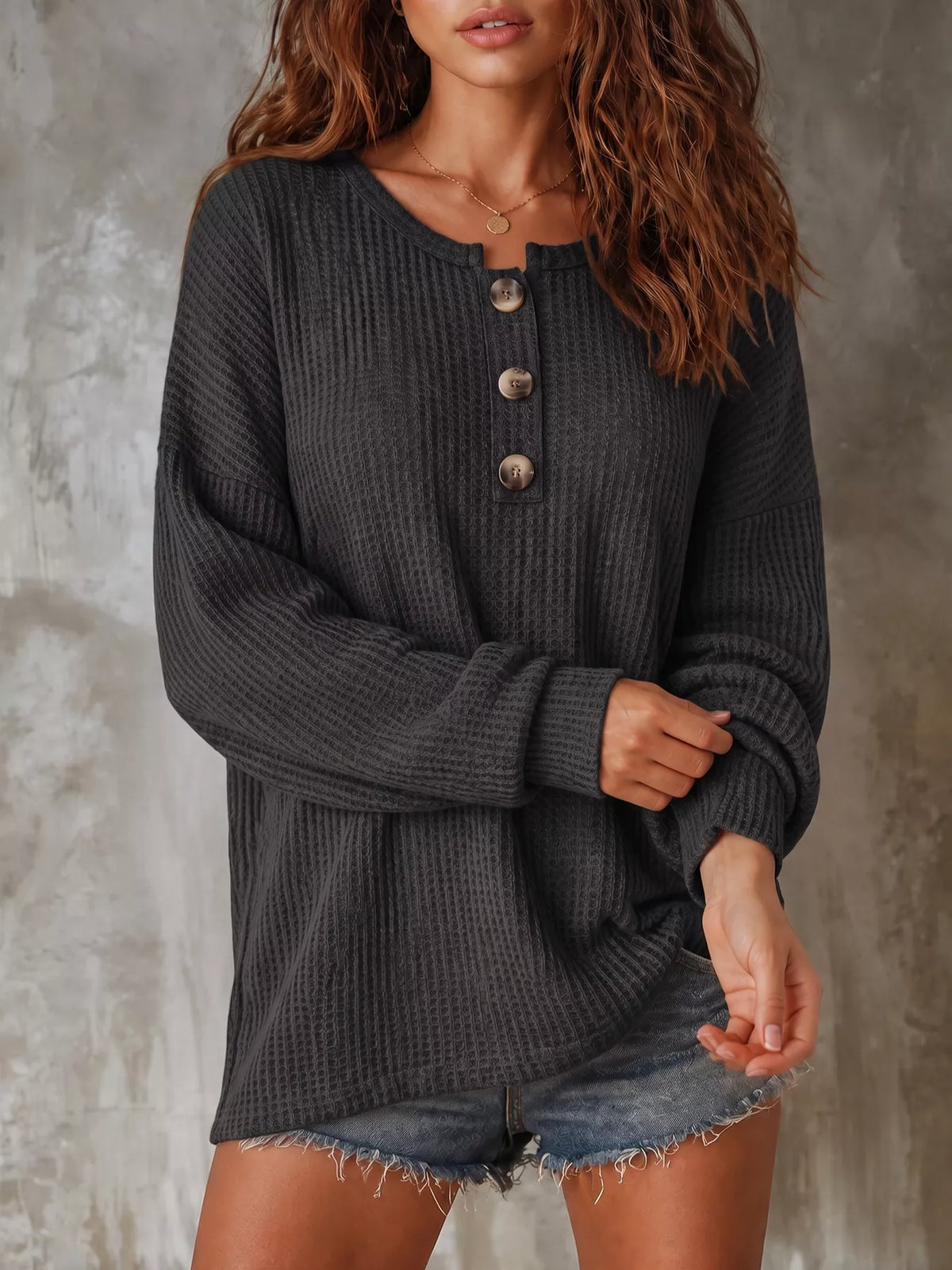 Button Detail Dropped Shoulder Knit Top - Lilixa.store