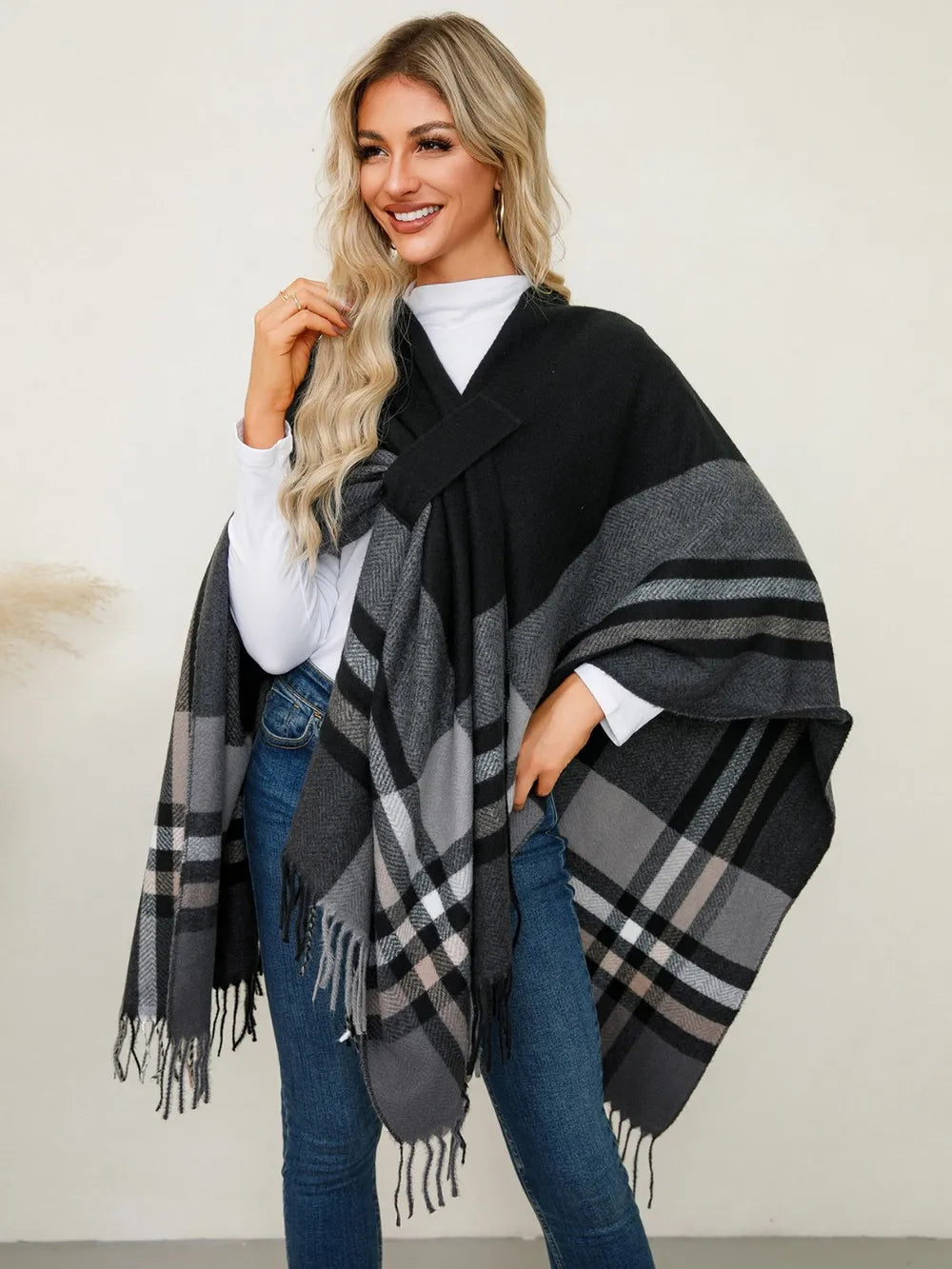 Fringe Contrast Plaid Poncho - Lilixa.store