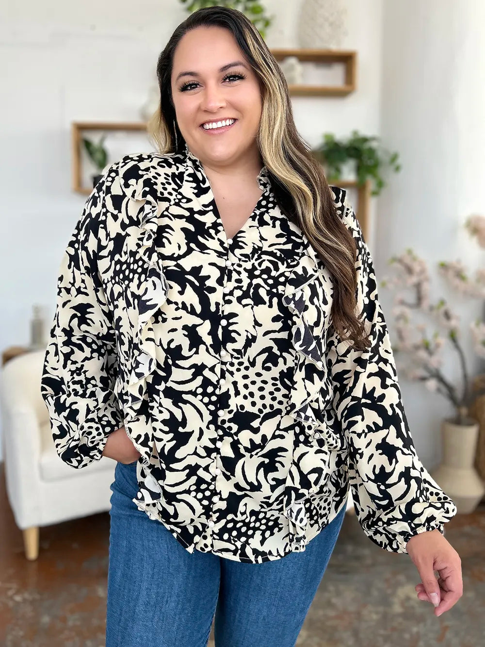 Double Take Full Size Printed Ruffle Trim Balloon Sleeve Shirt - Lilixa.store